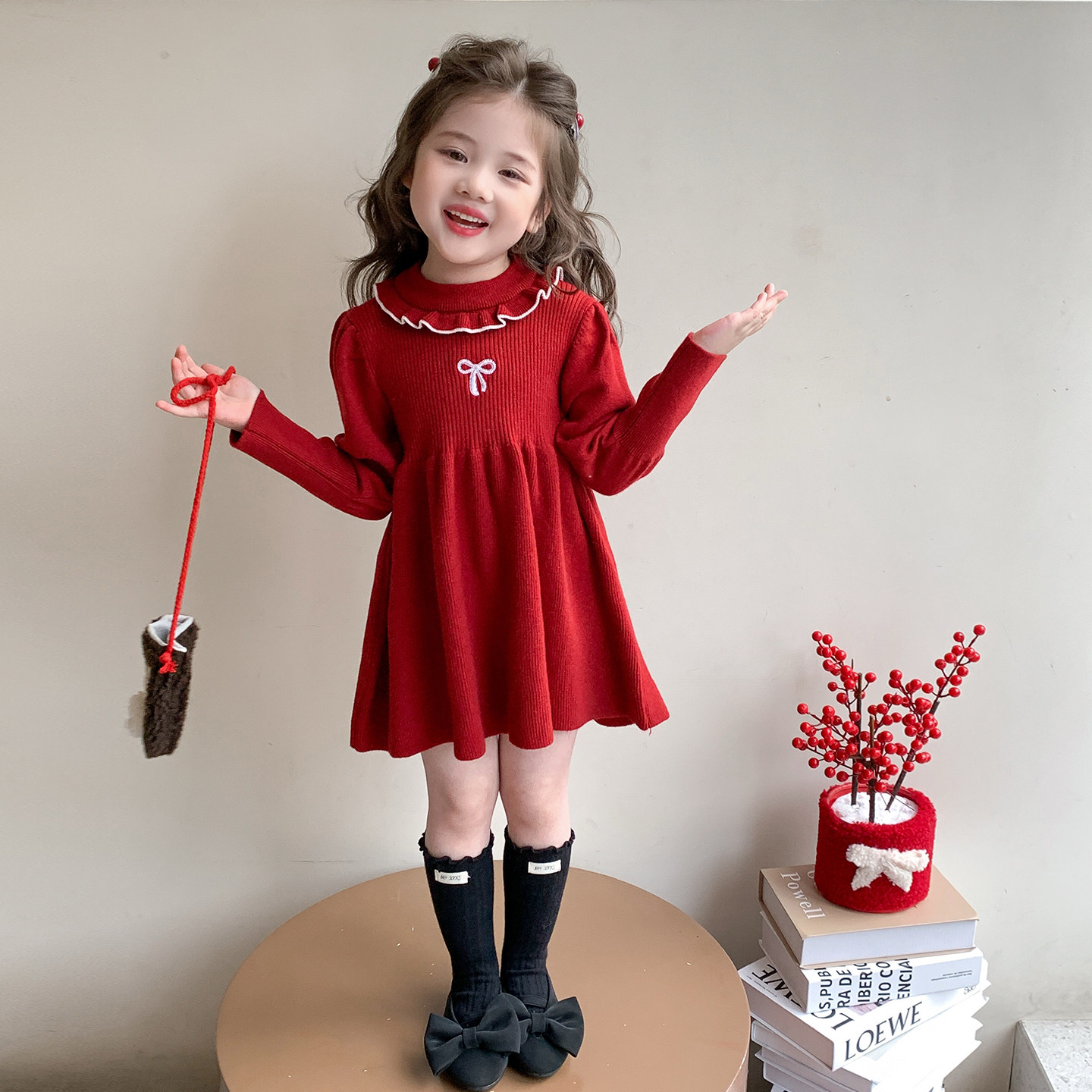 女童秋冬季连衣裙2025新款红色儿童过年拜年服花边女宝宝毛衣裙子,淘宝优惠券,粉丝福利购,淘宝优惠卷