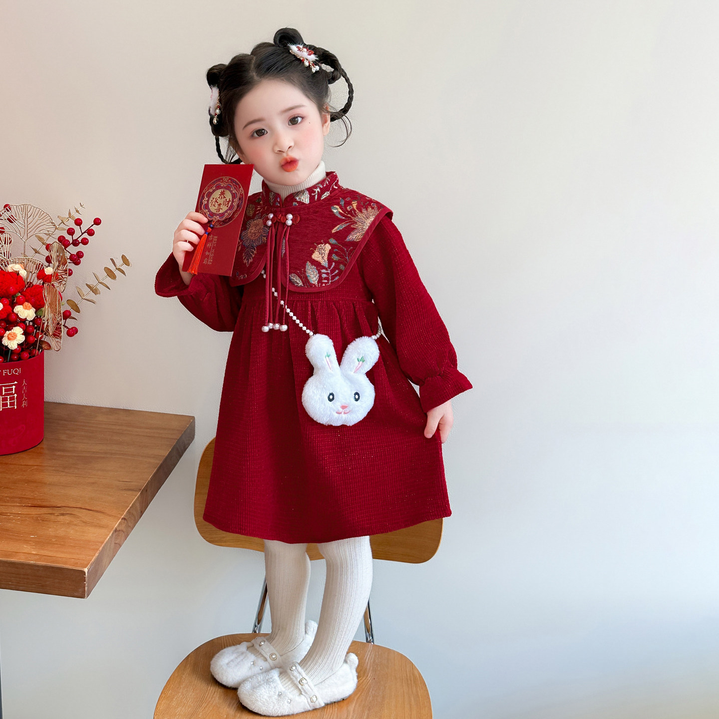 女童国风连衣裙红色秋冬装儿童拜年服过年衣服兔包新年女宝宝裙子,淘宝优惠券,粉丝福利购,淘宝优惠卷