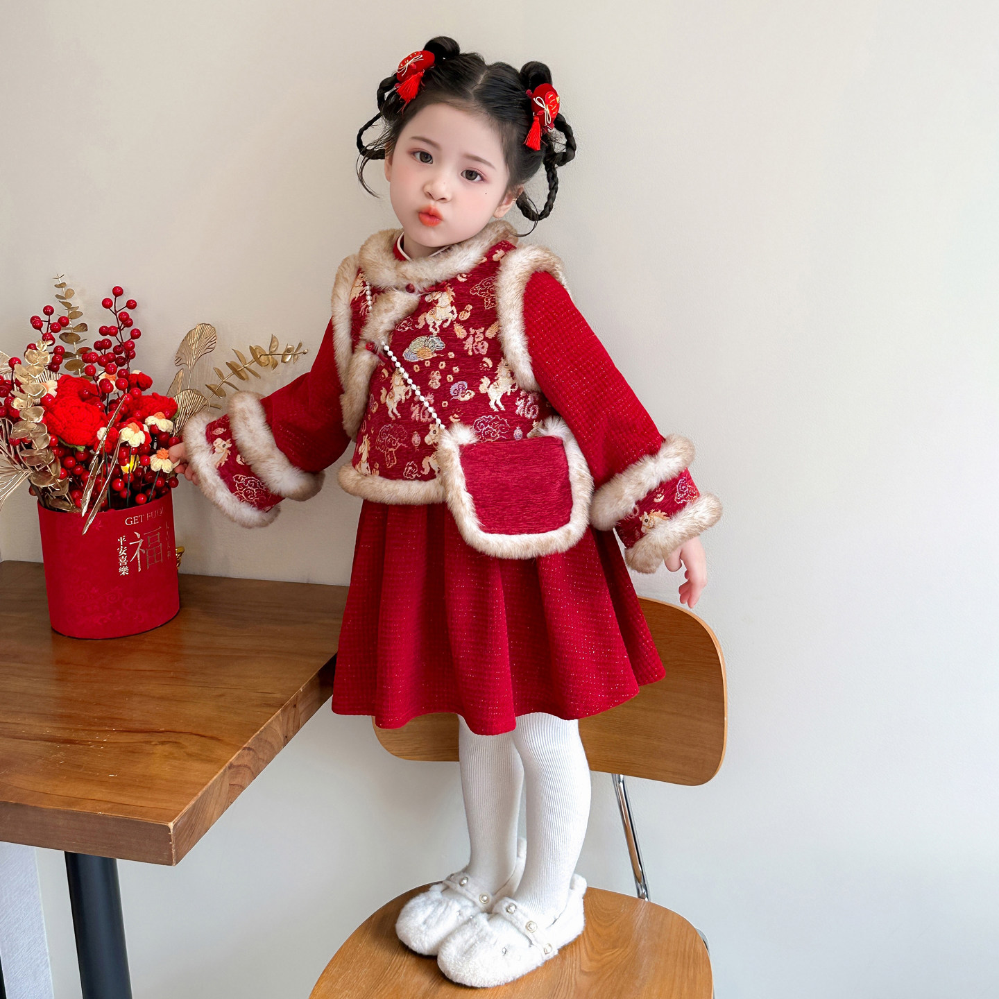 女童连衣裙小马儿童冬季拜年服新年过年衣服装红色女宝宝裙子冬装,淘宝优惠券,粉丝福利购,淘宝优惠卷