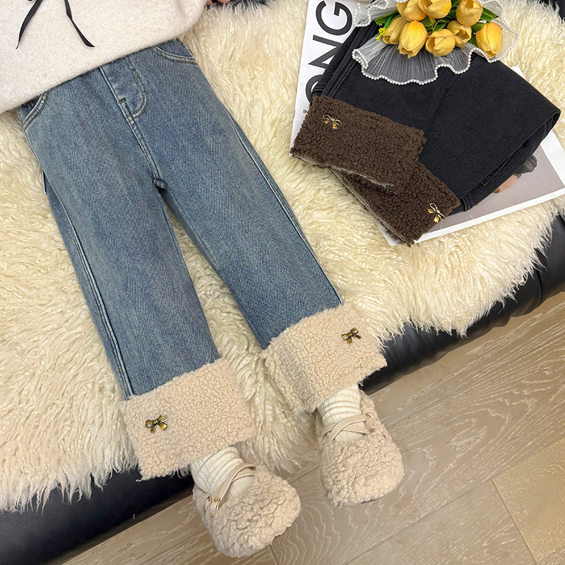 女童牛仔裤子秋冬季2025新款儿童加绒外穿女宝宝一体绒加厚直筒裤 - 图0