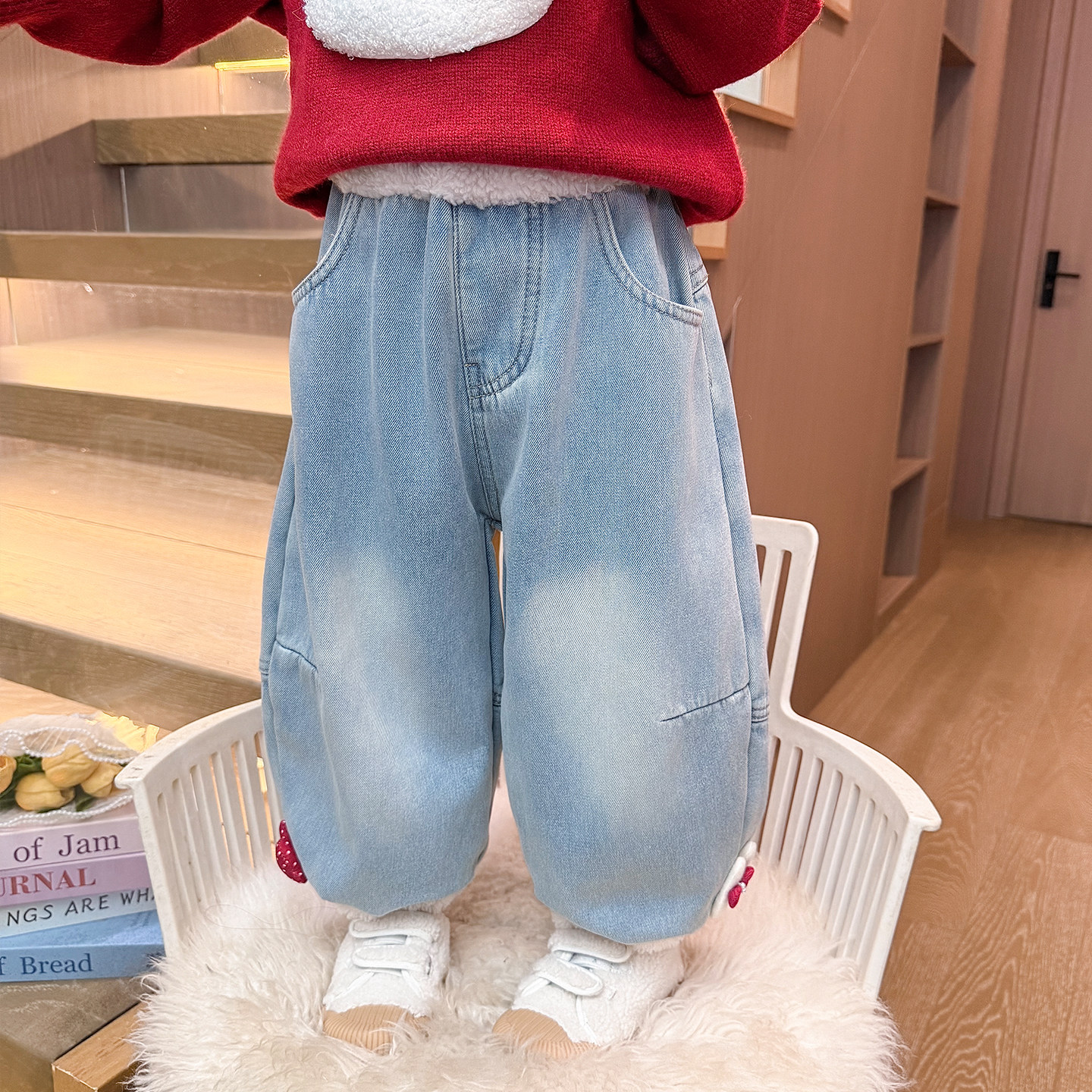 女童牛仔裤子秋冬季2025新款儿童加绒猫咪女宝宝一体绒加厚休闲裤,淘宝优惠券,粉丝福利购,淘宝优惠卷