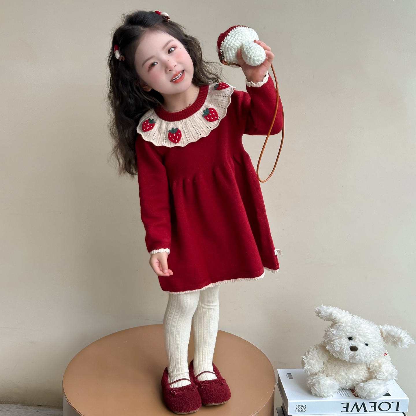 女童针织连衣裙秋冬季2025新款儿童红色女宝宝草莓毛衣裙子拜年服,淘宝优惠券,粉丝福利购,淘宝优惠卷