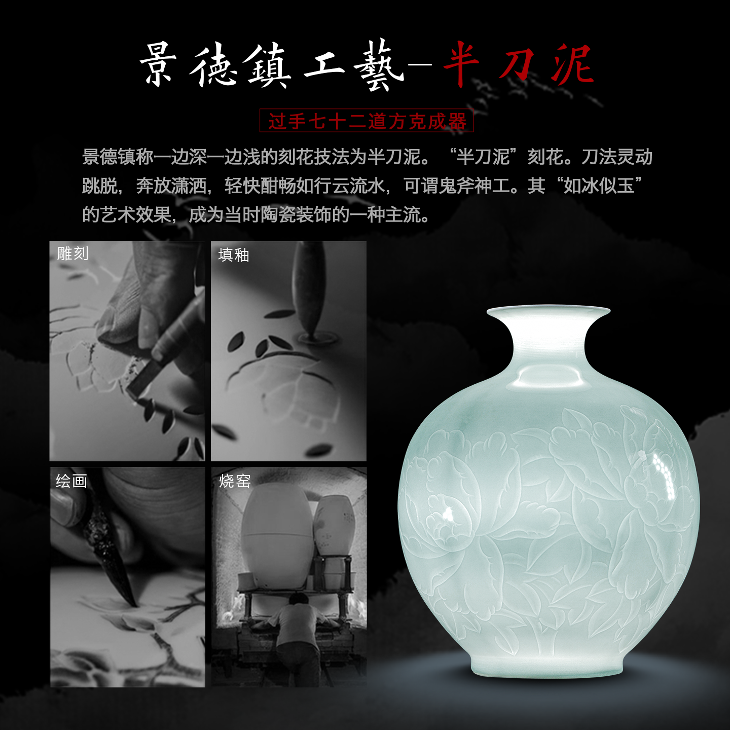 景德镇陶瓷器手绘薄胎新中式石榴花瓶摆件客厅插花立体影青浮雕瓶,淘宝优惠券,粉丝福利购,淘宝优惠卷