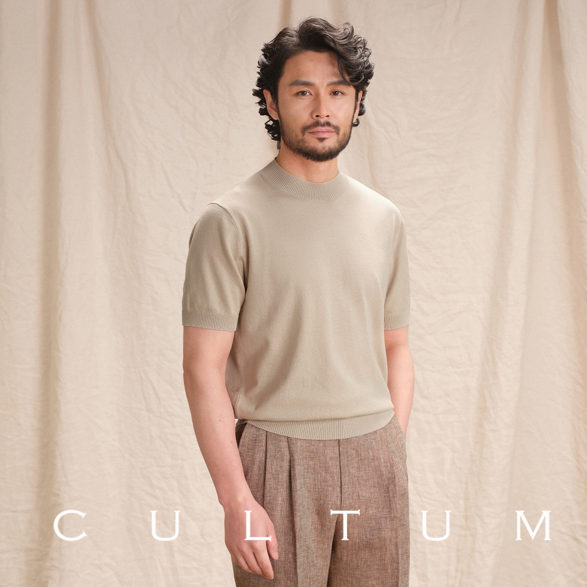 【桑蚕丝长绒棉】CULTUM轻薄透气休闲针织衫百搭圆领短袖男T恤 - 图0