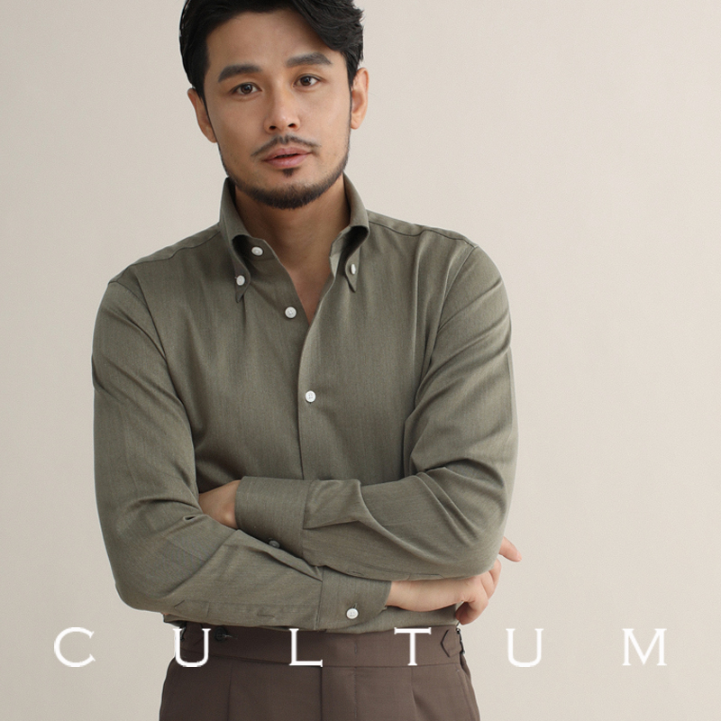 CULTUM 意式复古大尖领领扣长袖衬衫男修身免烫商务绅士休闲衬衣