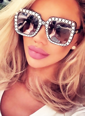 超大四方框方形女水钻墨镜大方框眼镜欧美范网红风镶钻太阳镜潮人