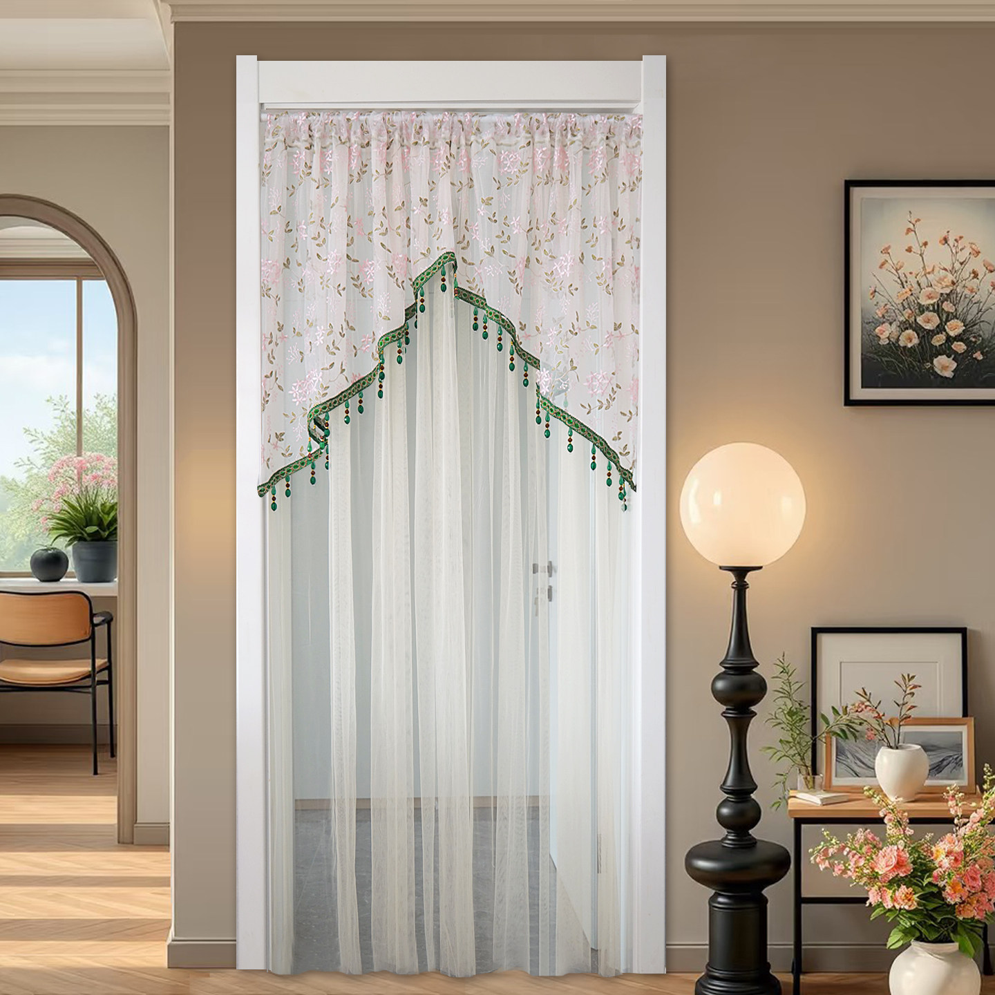 双层纱吊坠门帘法式氛围感卧室防蚊隐私纱帘蕾丝绣花纱吊珠免钉帘,淘宝优惠券,粉丝福利购,淘宝优惠卷