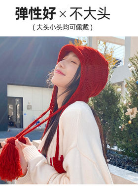 显脸小红色毛线帽子女秋冬大头围