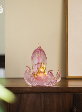 琉璃精舍贴金琉璃佛像套组佛座莲禅意生活家居摆件