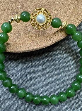 潘家园 和田玉碧玉搭配银饰设计款女款手串 约6mm pjy-ys-109