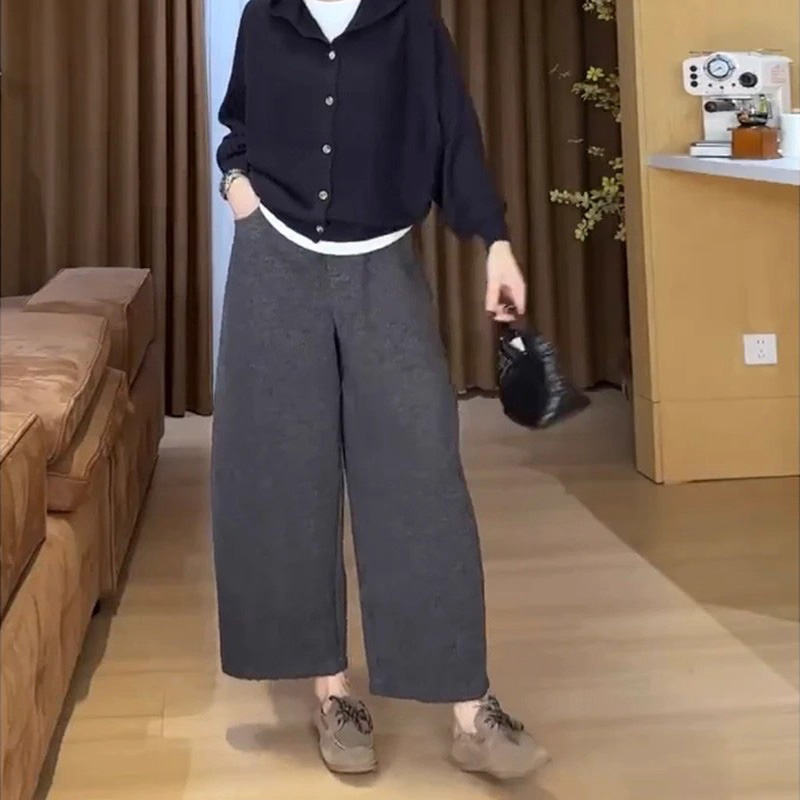 加绒毛呢休闲裤女秋冬145小个子八分梨形身材宽松显瘦阔腿奶奶裤9 - 图0