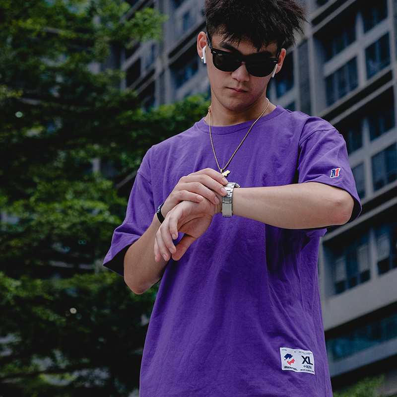 Masterape夏季国潮美式宽松刺绣标纯棉打底短袖T恤卡其黑白紫杏色 - 图1