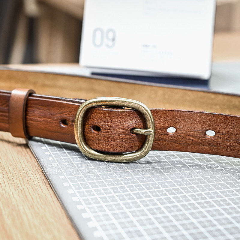 真皮复古铜扣头女士腰带新款皮带宽简约百搭针扣裤带手工擦色做旧