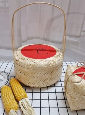 复古竹编中秋月饼通用包装盒普洱茶叶桶357克茶饼盒手提带盖竹篓