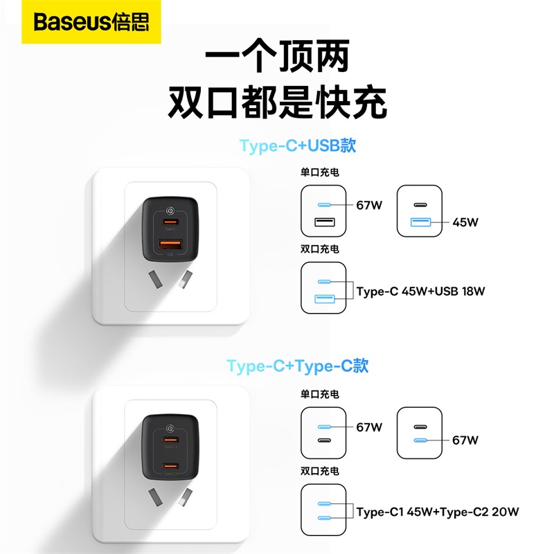 倍思67W氮化镓充电器适用iPhone15快充13插头typec多口苹果PD 15pro手机平板MacBook笔记本电脑华为小米闪充 - 图0