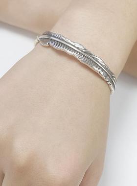 复古金尾羽毛手镯男士潮流个性实心镯子男款手饰品仿泰银羽毛手环