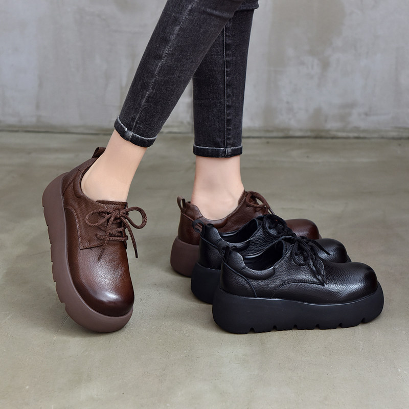 真皮英伦风厚底乐福鞋女2025秋冬新款圆头系带增高深口复古风单鞋,淘宝优惠券,粉丝福利购,淘宝优惠卷