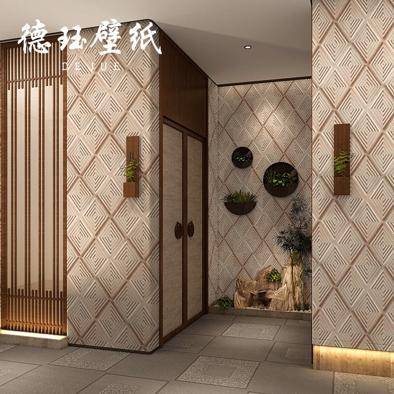 复古中式古典软包菱形格子木纹墙纸中国风客厅卧室茶室背景墙壁纸_虎窝淘