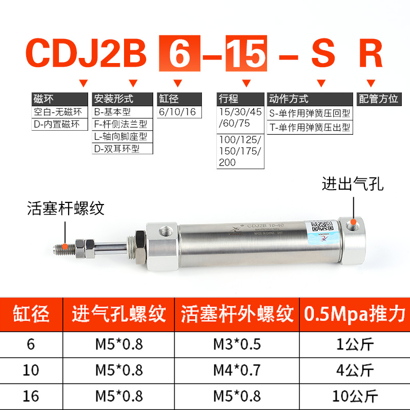 星辰不锈钢迷你气缸PB笔型CDJ2B-10/16-15X40X20X25*30X50*75*100-图1