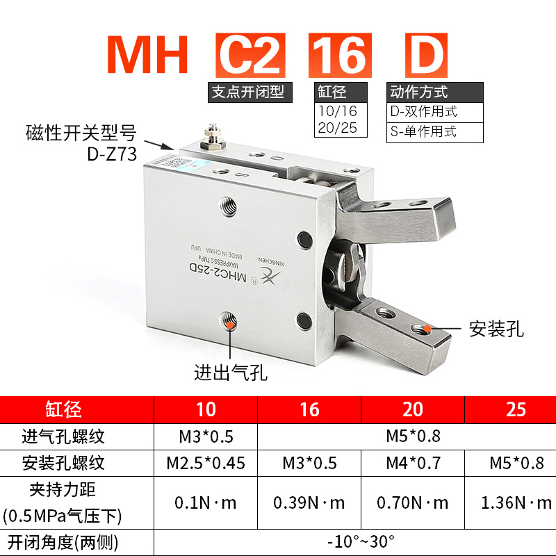 星辰气动HFY16手指气缸MHC2-10D/16D/20D/25D支点开闭型气爪夹爪-图1