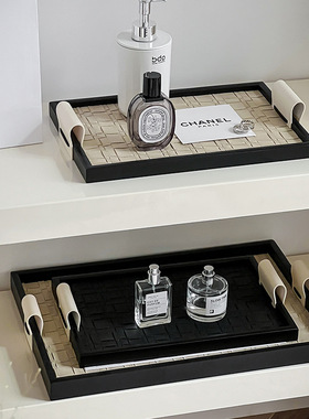 轻奢首饰玄关收纳盘子中古档黑色皮革香薰托盘法式样板房饰品摆件