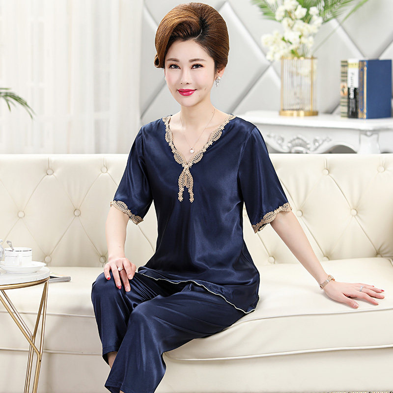 妈妈女士冰丝短袖仿真丝绸睡衣 eisden睡衣/家居服套装