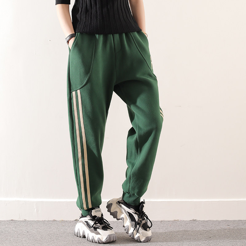 皇森冬款加绒加厚条纹休闲长裤女哈伦裤抓绒保暖宽松显瘦运动卫裤,淘宝优惠券,粉丝福利购,淘宝优惠卷