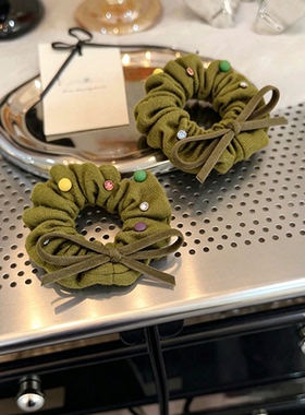 韩系牛油果绿蝴蝶结头绳大肠发圈重工彩珠高颜值扎马尾发绳发饰