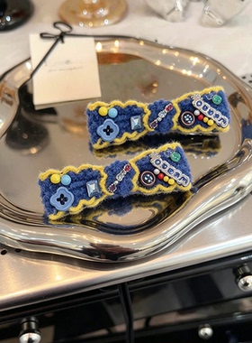 韩系复古蓝色毛线发夹侧边刘海夹鸭嘴夹彩色纽扣装饰少女头饰发卡