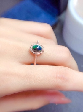 精品天然黑欧泊戒指 高净度 主石5*7mm炫彩戒指 开口