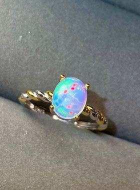 天然欧泊戒指小清炫彩漂亮精致