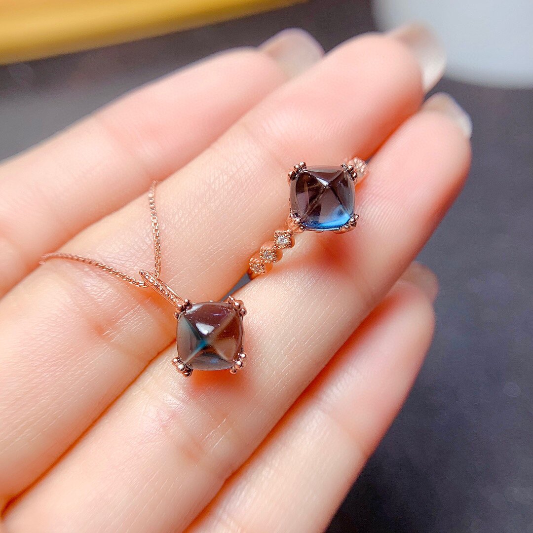 Popular natural London blue topaz sugar tower set stone pillow 7*7mm London blue topaz ring pendant