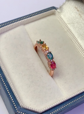 天然糖果色碧玺戒指 金镶成色 高净度 主石3*4mm925银镀金开口戒