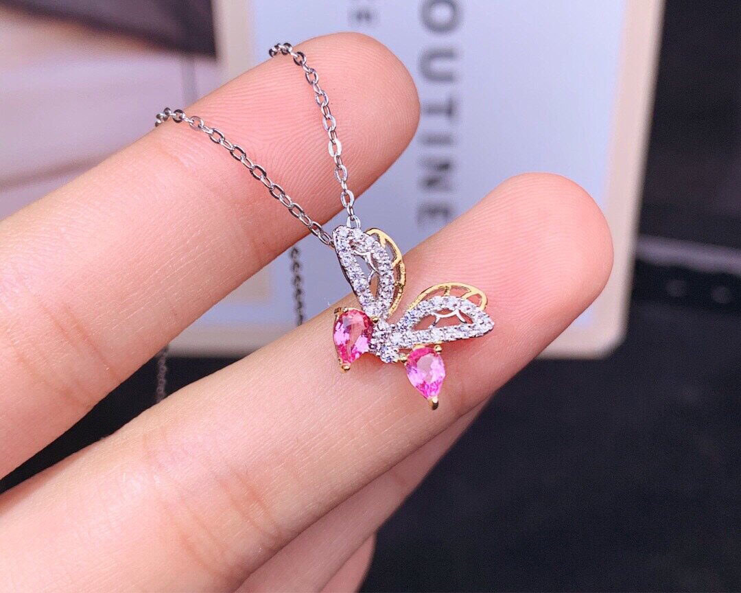 s925银镶天然粉色蓝宝石莲花吊坠主石尺寸3*4mm小蝴蝶支持鉴定