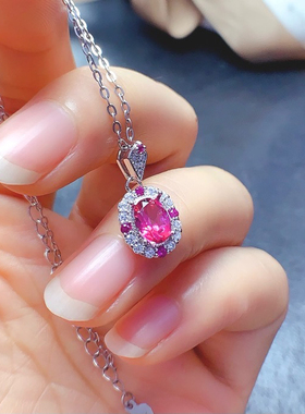 天然粉色托帕石套装 6*8mm925银镀白金镶嵌粉托帕戒指 耳钉 吊坠