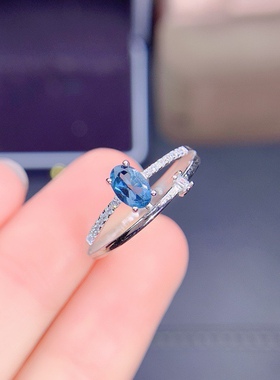 天然伦敦蓝托帕石戒指925银K金工艺精工镶嵌 主石4*6Mm任选一款