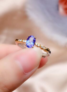 双色电镀4*6mm天然坦桑石戒指