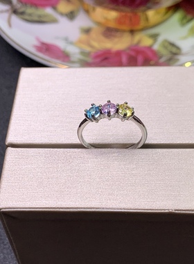 特惠新款彩色锆石戒指高仿钻戒指925银镀白金开口戒4*4Mm