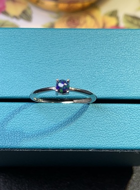 小巧精致黑欧泊戒指925银镀白金天然黑欧珀石戒指4*4MM开口四爪戒