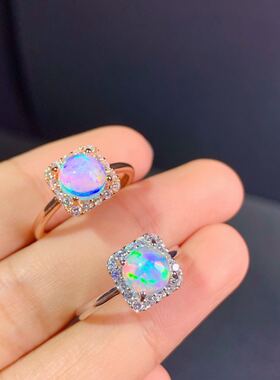 天然炫彩欧泊精工镶嵌开口戒指