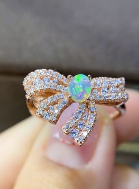 天然炫彩欧泊戒指镶嵌活口蝴蝶结