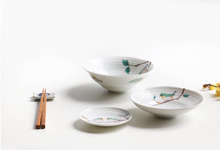 日本进口九谷烧陶瓷彩绘花鸟盘子餐具菜碟面汤碗平盘浅盘家用礼盒