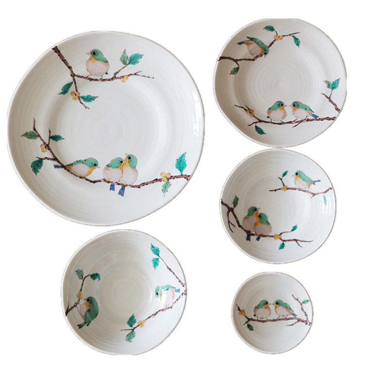 日本进口九谷烧陶瓷彩绘花鸟盘子餐具菜碟面汤碗平盘浅盘家用礼盒