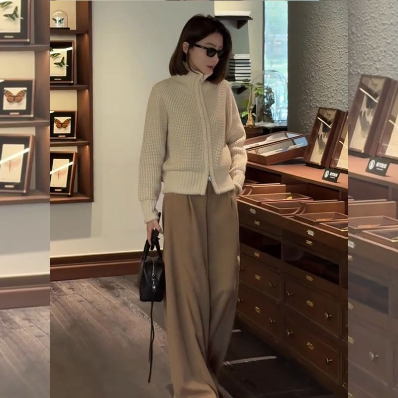 韩系一整套ootd穿搭2026年春季华夫格米杏色针织开衫阔腿裤套装女,淘宝优惠券,粉丝福利购,淘宝优惠卷