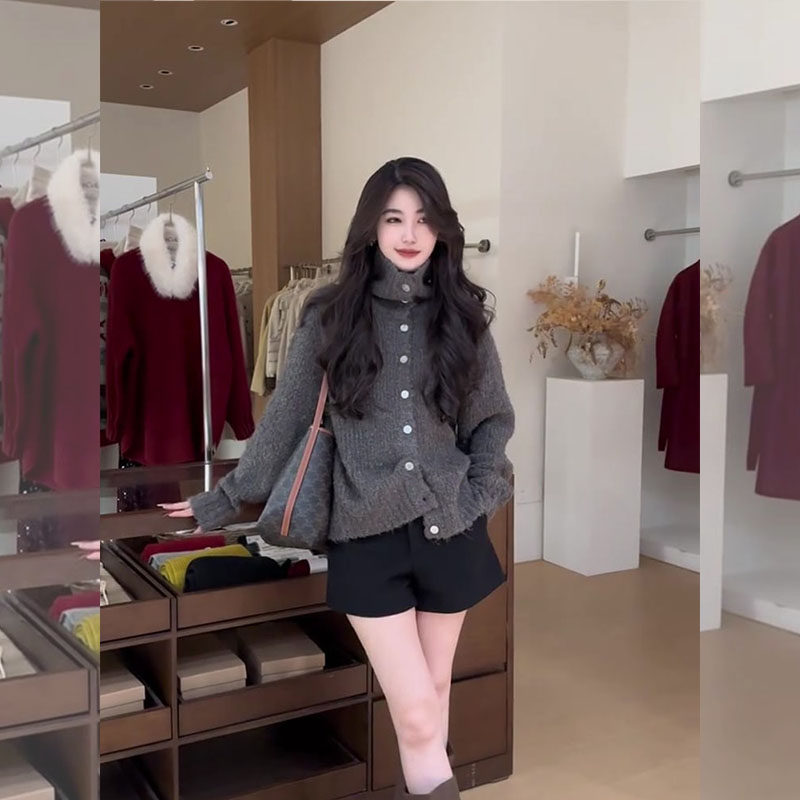 法式复古深灰色高领针织开衫2026年早春慵懒风独特时尚毛衣外套女,淘宝优惠券,粉丝福利购,淘宝优惠卷