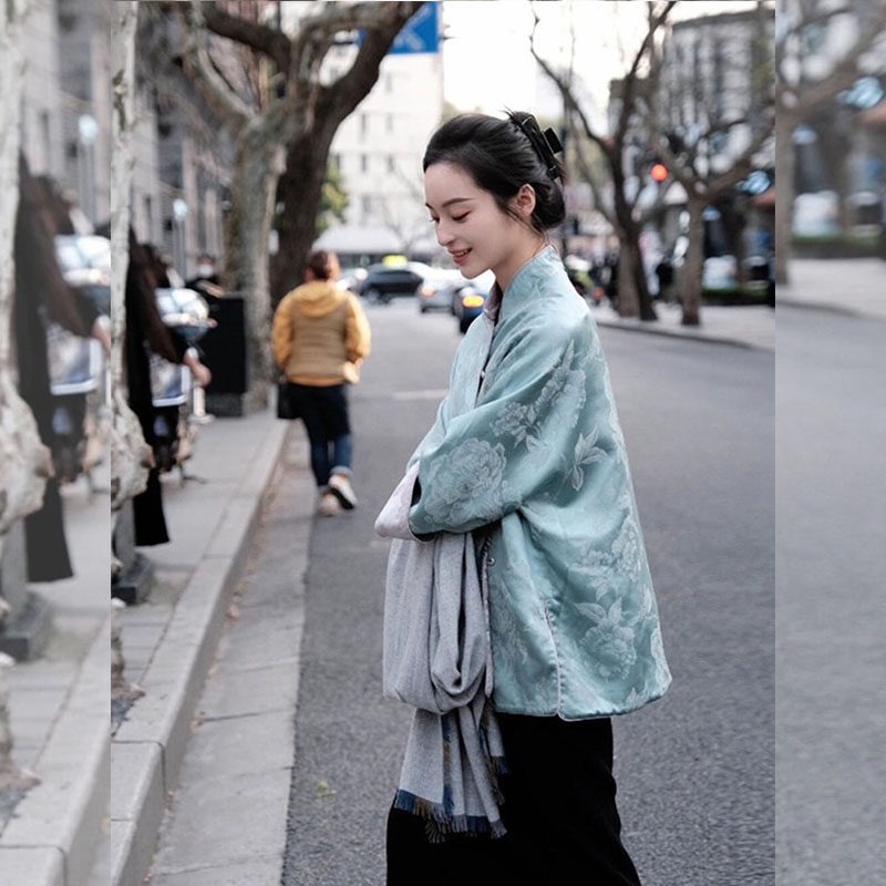 2026春季宋锦立领盘扣上衣新中式唐装中国风蓝色双面穿提花外套女,淘宝优惠券,粉丝福利购,淘宝优惠卷