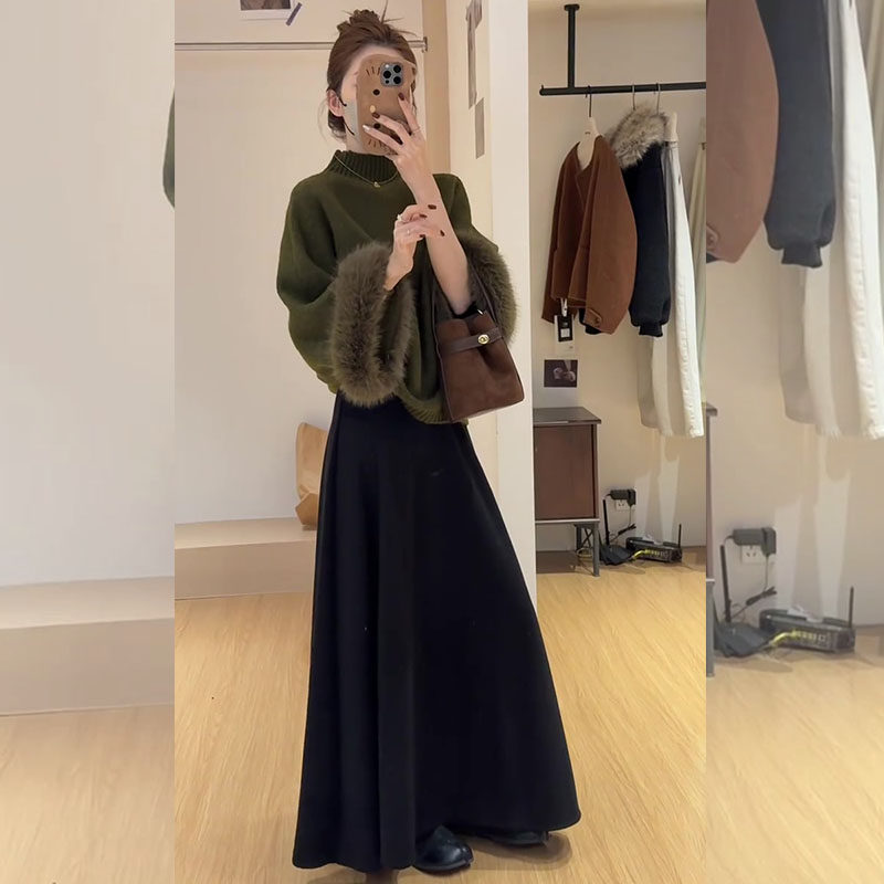 慵懒风毛绒绿色针织上衣女2026春季高级感半高领毛衣半身裙一整套,淘宝优惠券,粉丝福利购,淘宝优惠卷