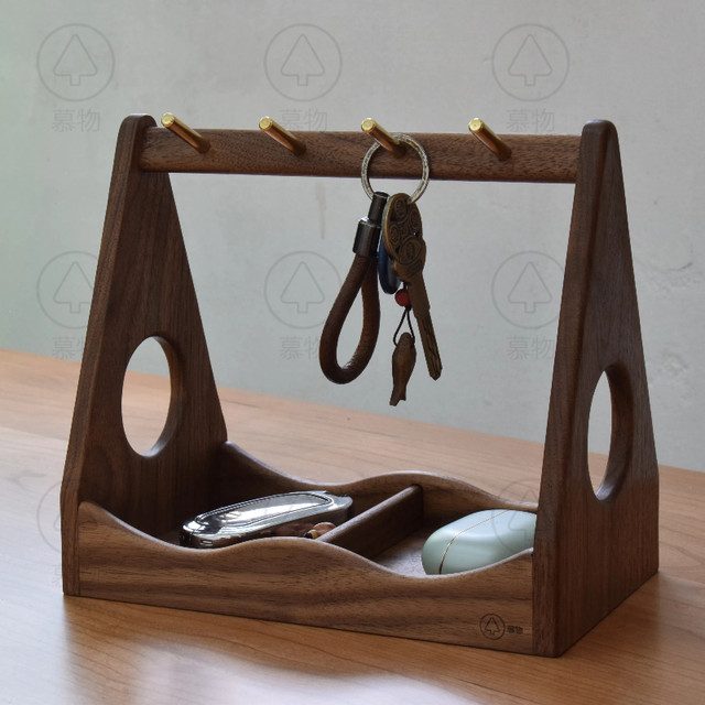 Double-cluster key holder Muwu Pure solid wood black walnut key, bracelet, jewelry storage box storage rack