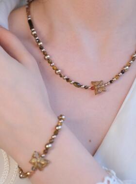 原创秋冬虎眼石珍珠串珠项链手链