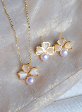 《月光花露》春夏清新少女猫眼石花朵马贝珍珠项链锁骨链耳钉耳环